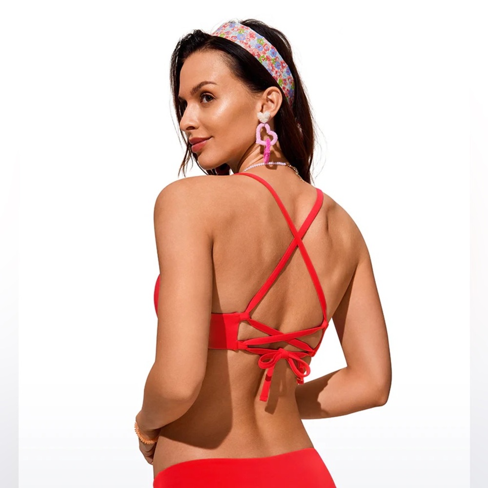 CRZ YOGA Sunshine Lace Up Strappy Bikini Top, Small Dark Red